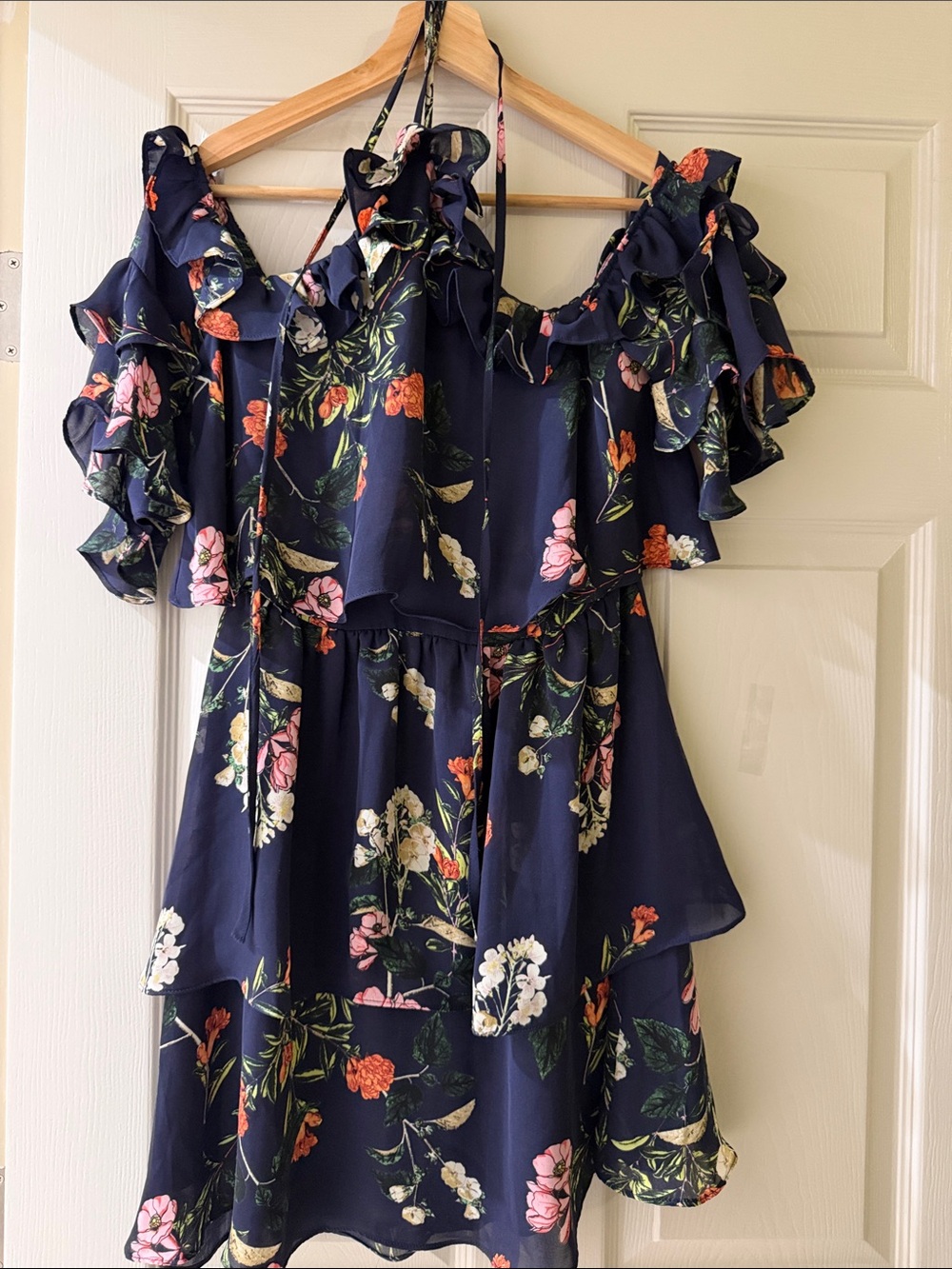 Parker Navy Floral Ruffled Midi Dress